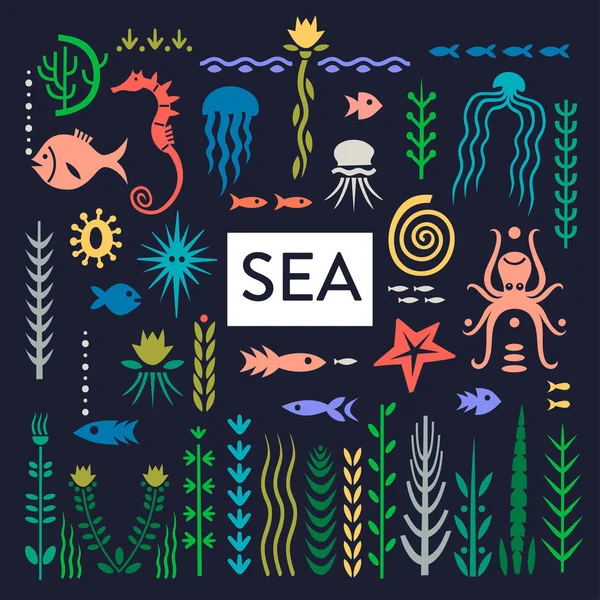 Conjunto vectorial de criaturas marinas y malezas planas dibujadas a mano — Vector de stock