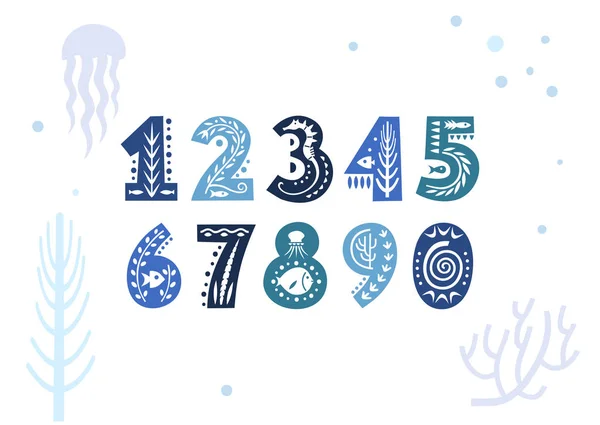 Set di numeri vettoriali decorati con motivi subacquei . — Vettoriale Stock