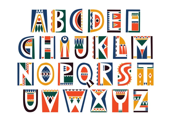 Vetor alfabeto de cor maiúscula em estilo folclórico recorte com preenchimento de espaço negativo — Vetor de Stock