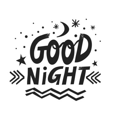 İyi geceler ay, yıldız ve kar taneleri ile yazı çizilmiş vektör