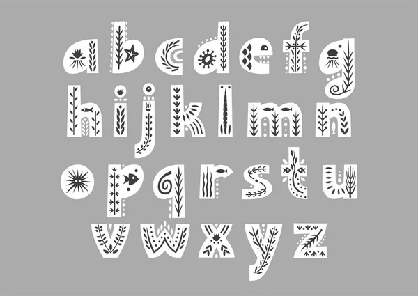 Alfabeto minuscolo bianco vettoriale decorato con motivi neri sottomarini — Vettoriale Stock