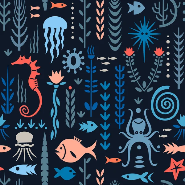 Απρόσκοπτη μοτίβο με υποβρύχια φυτά και τα ζώα. Έννοια για το νηπιαγωγείο εκτυπώσεις, υφάσματα, ταπετσαρίες. Κόκκινο και μπλε παλέτα σε σκούρο φόντο — Διανυσματικό Αρχείο