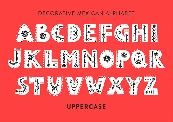 Vektor mintás ábécé díszített népi mexikói dísztárgyak. Nagybetűs betűtípussal megjeleníteni egy piros háttér — Stock Vector