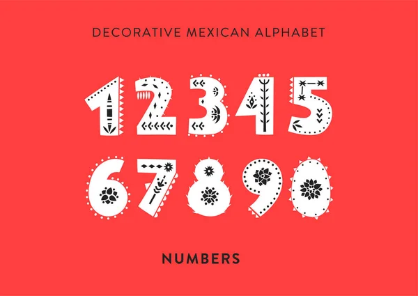 Vektor mintás ábécé díszített népi mexikói dísztárgyak. Piros alapon számok halmaza — Stock Vector