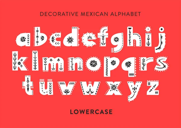 Vector gedessineerde alfabet ingericht met folk Mexicaanse versieringen. Kleine letters lettertype weergeven op een rode achtergrond — Stockvector