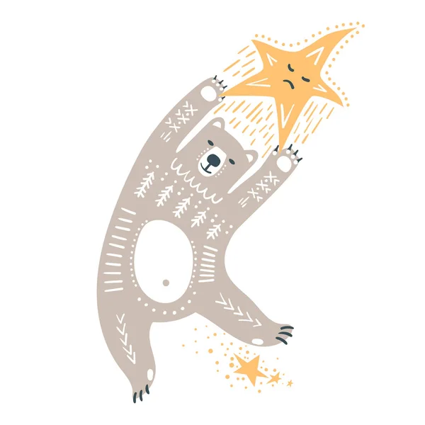Vektorové ilustrace dětské kreslené. Lední medvěd létá v prostoru drží na hvězdu — Stockový vektor