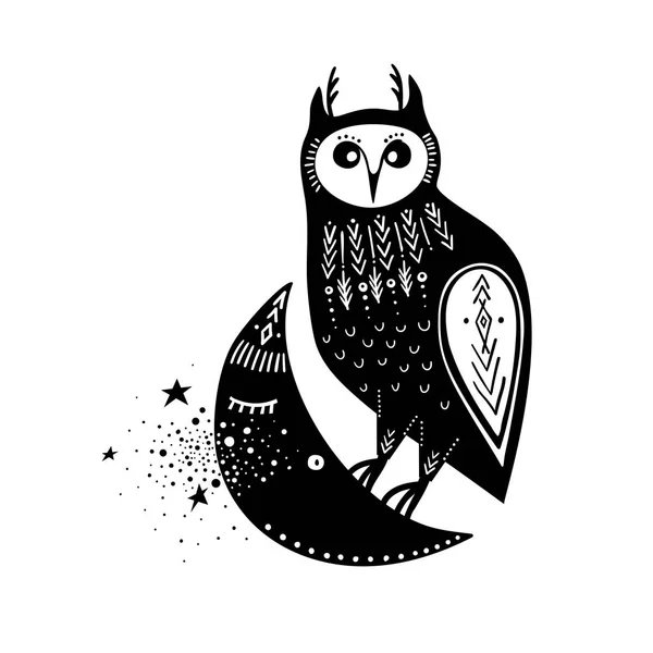 Illustration vectorielle enfantine. Hibou dessiné à la main assis sur la lune. Noir et blanc — Image vectorielle