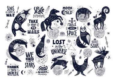 Vector hand-drawn illustration with lettering. Various magic animals and cosmic quotes clipart