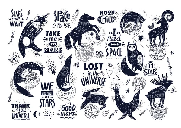 Vector handgetekende illustratie met belettering. Diverse magische dieren en kosmische citaten — Stockvector