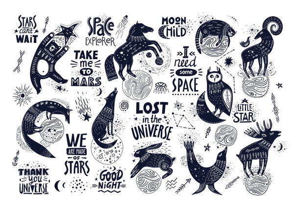 Vector hand-drawn illustration with lettering. Various magic animals and cosmic quotes