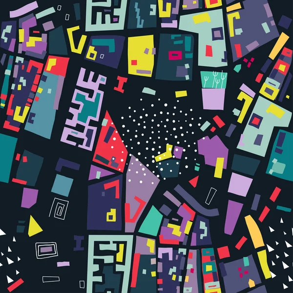 Vector seamless pattern made of colored polygons based on the city map on black background