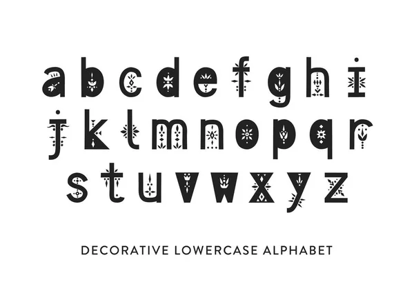 Vector display lowercase alphabet decorated with geometric folk patterns — Stock Vector