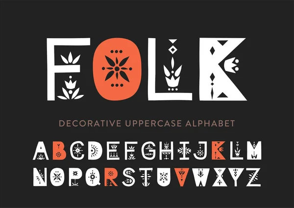 Vector display hoofdletter alfabet versierd met geometrische folk patronen — Stockvector