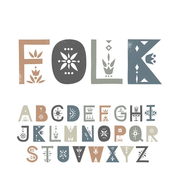 Vector display hoofdletter alfabet versierd met geometrische folk patronen — Stockvector