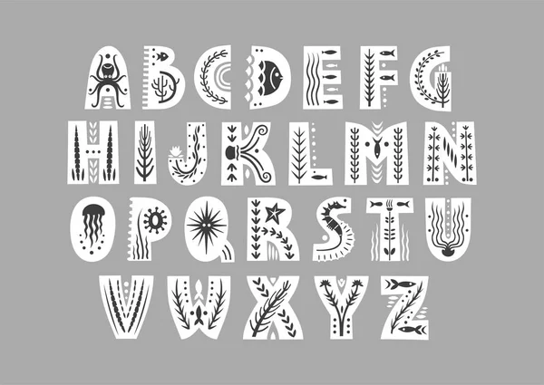 Vector white uppercase alphabet decorated with undersea black patterns — Stock Vector