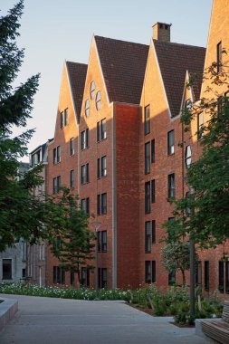 Anvers, Belçika - 24 Mayıs 2019: Tuğla evler ve eğimli çatıları ile Antwerp modern yerleşim alanı.