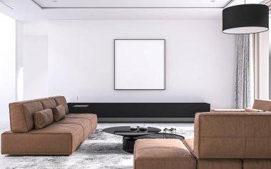 Bir fotoğraf için iç mekan, boş iç mekan, 3D tasarım, iç mekan, poster için iç mekan, tasarım konsepti, resim çerçeveli oturma odası, boş çerçeve, resim çerçevesi, işleme için önizleme, maket, poster modeli