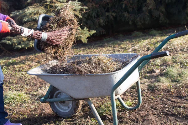 Bejaarde Vrouw Voorjaarsschoonmaak Tuin — Stockfoto