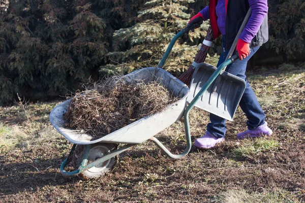 Bejaarde Vrouw Voorjaarsschoonmaak Tuin — Stockfoto