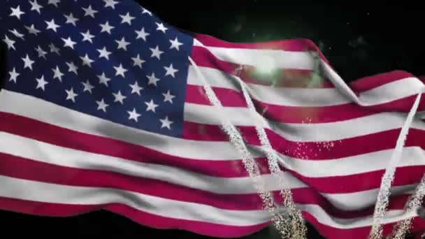7月4日美国国旗和烟花 — 图库视频影像
