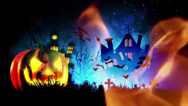 Haunted Pumpa Och Fladdermöss Halloween Bakgrund — Stockvideo