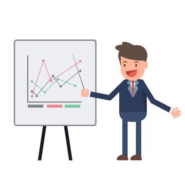 Sunum panosu hisse senedi vektör çizim düz tasarım toplantı ofisinde işaret eden işadamı