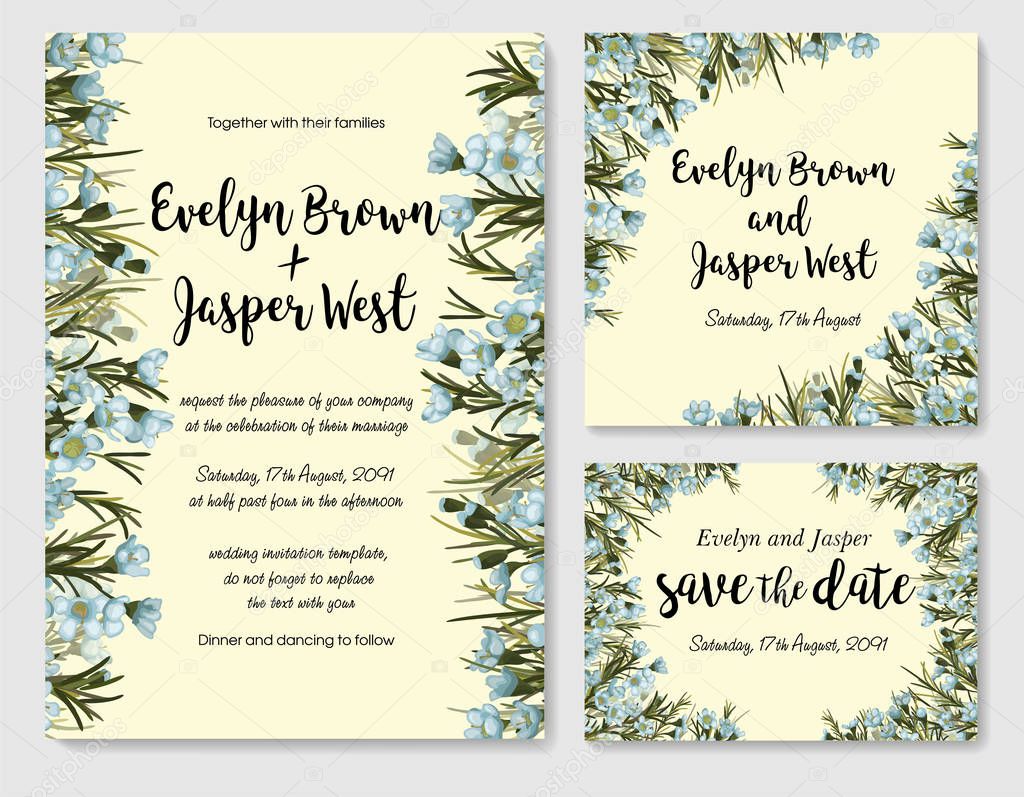 Wedding invitation frame set; blue wax flowers, leaves, watercolor. Sketched wreath, floral and herbs garland with green, greenery color. Vector Watercolour style, nature art