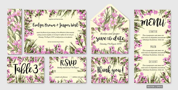 Invitation Mariage Menu Rsvp Étiquette Remerciement Enregistrer Carte Date Design — Image vectorielle