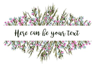 Düğün davetiyesi, tebrik kartı, afiş, etiket, el ilanı, sertifika için hassas vektör desen. Pembe ve mavi mum çiçekler üzerinde beyaz adam izole metin için bir çerçeve ile yeşil yaprakları ile