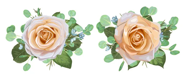 ベクターの花の花束のデザイン 庭のクリーミー パウダー淡いローズ ワックス花 ユーカリの枝の緑の葉 結婚式のベクトル招待カード水彩デザイナー要素 — ストックベクタ