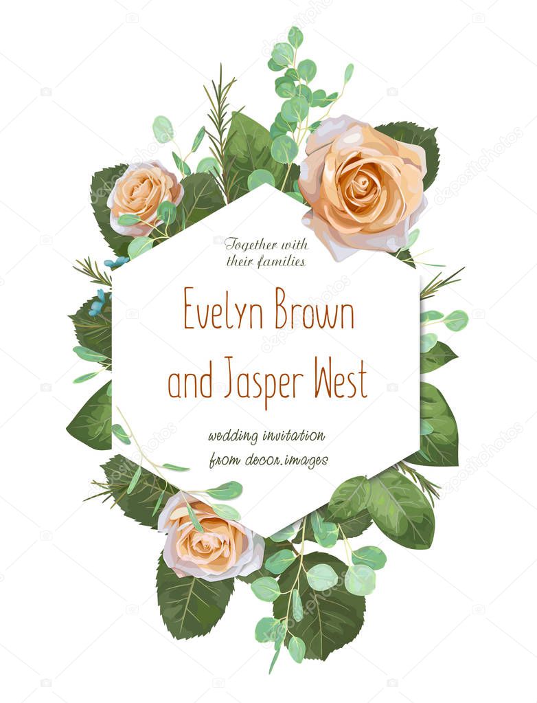 Wedding elegant invite invitation, save the date card design with creamy Rose, wax flowers, eucalyptus branches, leaves & cute hexagonal geometrical frame. Vector templat