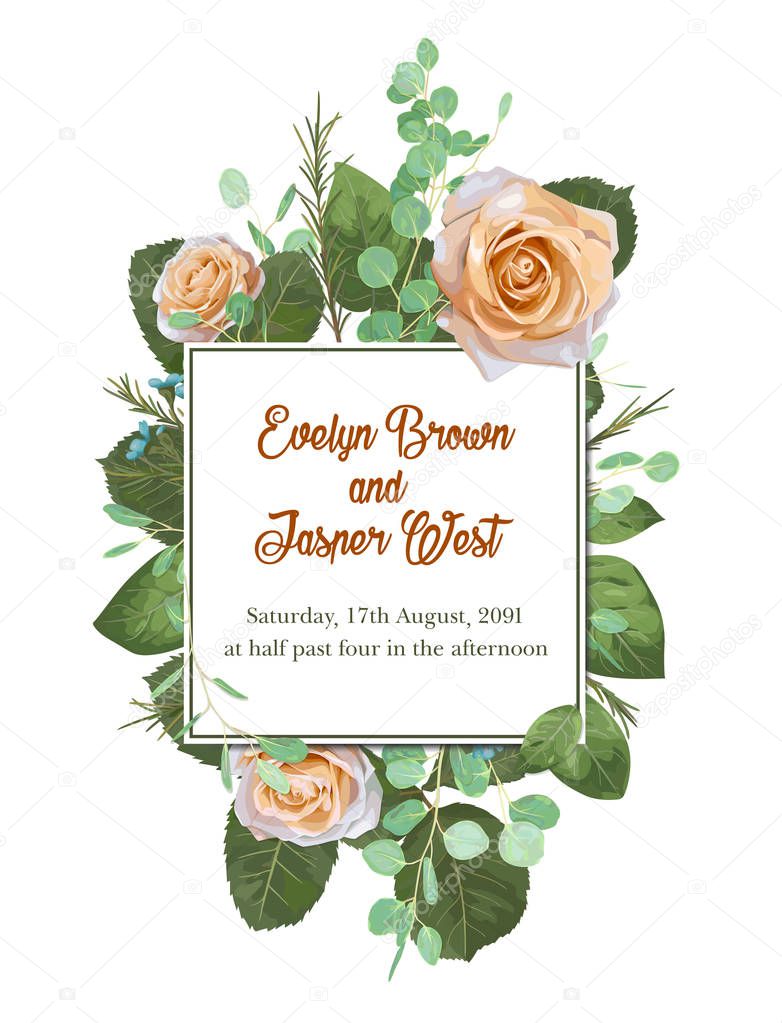 Square floral vector design frame. garden flower creamy Rose,  waxflower, green Eucalyptus tender greenery. Wedding card. All elements are isolated and editable