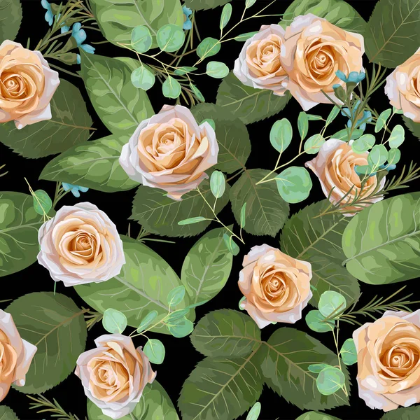 Dunkel Marine Vektor Florales Muster Rosen Und Blätter Mit Eukalyptuszweigen — Stockvektor