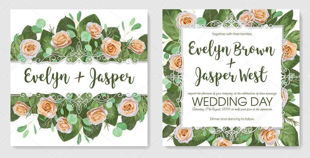 Set of vector illustrations of decorative vintage lace frames with cream roses and twigs and leaves of eucalyptus. For the wedding invitation, greeting cards, banner, St. Valentine's Day. All elements are isolated