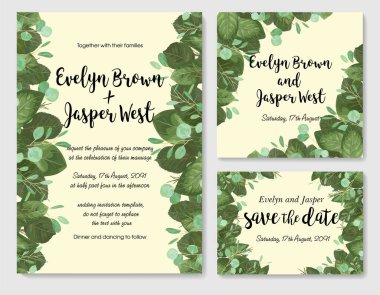 Düğün davetiyesi çerçeve ayarla; yapraklar, dallar suluboya, izole. Kabataslak çelenk, çiçek ve otlar garland yeşil, yeşil renk ile. Handdrawn vektör Doğa Sanat