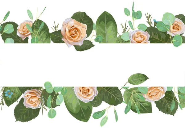ロマンチックな休日のバナー ポストカード 結婚式の招待状 グリーティング カード チラシ ユーカリと白い背景があるに分離されたフレームを持つ蝋のような花の小枝をクリーミーなバラの花 — ストックベクタ