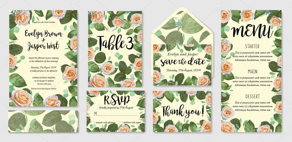 Wedding menu, information, label, table number and place card design with elegant cream garden rose, wax flowers eucalyptus branches, leaves. Vector template se
