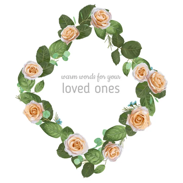 Schöne Florale Illustration Eines Rautenförmigen Kranzes Aus Cremigen Englischen Rosen — Stockvektor