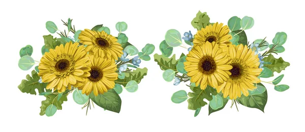 花束テンプレート結婚式招待状 はがき デザイン バナー ロマンチックなグリーティング カードのためのコンポジションの水彩イラスト セット ユーカリの葉と白い背景に分離されたワックスの花と黄色い Gerbera — ストックベクタ