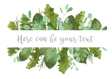 Düğün davetiyeleri, kartpostallar, reklam, satış, etiketleri için vektör yaprak çerçeve. Yeşil gül yaprakları, okaliptüs, gerbera ve balmumu çiçek beyaz arka plan üzerinde izole