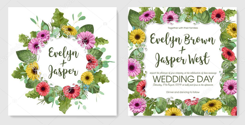 vector watercolor set of postcards. Template of wedding invitation, greeting card, labels. Beautiful colored gerberas, rose leaves and eucalyptus branches, wax flowers with frames with curls
