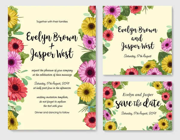 Floral Lindo Vector Acuarela Conjunto Plantilla Invitación Boda Postal Menú — Vector de stock