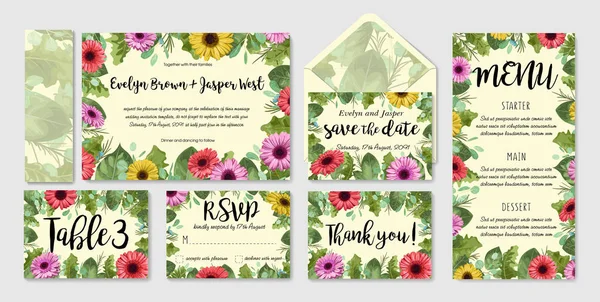 Schöne Vektor Aquarell Hochzeitseinladungsset Umschlag Rsvp Tischnummer Menü Farbige Gerbera — Stockvektor