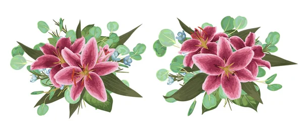 Vektor Florales Bouquet Design Reihe Von Zartrosa Bordeauxroten Lilienblüten Knospen — Stockvektor