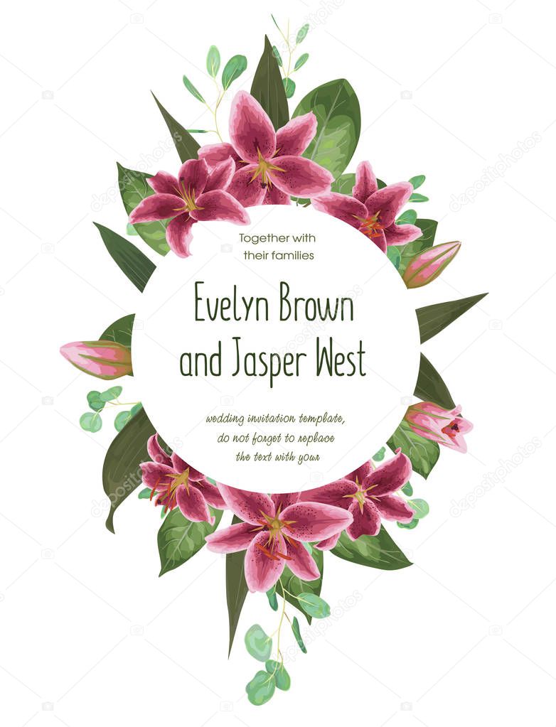 Wedding floral invitation, invite card. Vector watercolor style herbs, eucalyptus, tender burgundy, pink lilly, natural, botanical green decorative round frame, border. Vector, modern watercolor templat