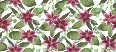 Dikişsiz desen, arka plan, doku ışık suluboya elle çizilmiş yeşil renk, okaliptüs, Bordo lily, bitkiler ile yazdırma. İhale, zarif tekstil kumaş, kağıt zemin layou kaydırma