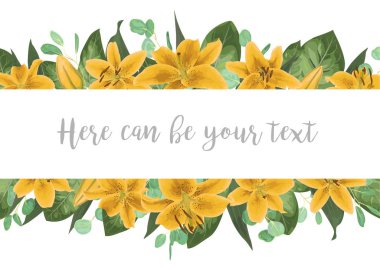 Düğün davetiye kartı vektör çiçek yeşil tasarım davet ediyoruz. Orman yeşil, otlar, okaliptüs, sarı lilly, botanik yeşil. Yatay şablonunda suluboya styl