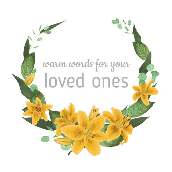 結婚式は 招待状カード ベクターの花緑を招待します ユーカリ 黄色のユリ Waxflower 植物の緑 装飾的な半円 Circlece 挨拶水彩アート — ストックベクタ