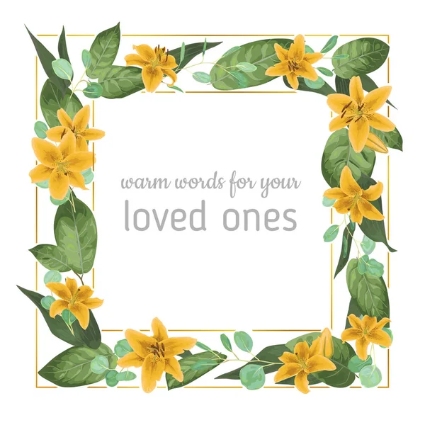 Γάμος Πρόσκληση Πρόσκληση Κάρτα Διάνυσμα Floral Πρασινάδα Σχεδιασμό Κίτρινο Κρίνο — Διανυσματικό Αρχείο