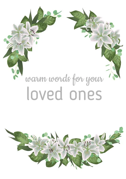 ベクトル カード花柄緑水彩 ハーブと葉ユーカリ 白いユリ 植物の緑 装飾的なフレーム ボーダー 結婚式の招待状 はがきテンプレート エレガントな美しさのかわいい挨拶 — ストックベクタ